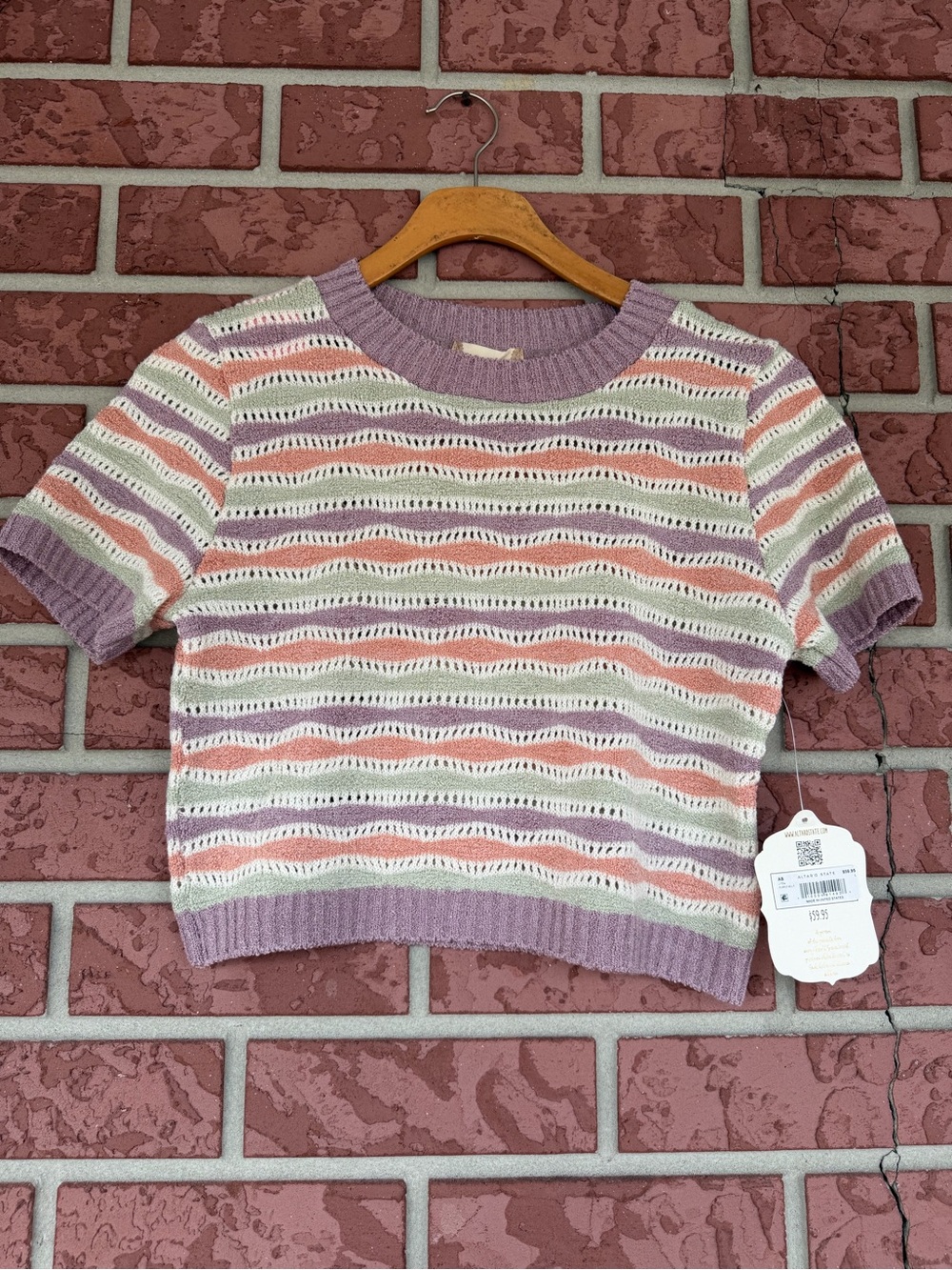 Altar'd State Lavender, Cream & Peach Striped Open-Knit Crop Top